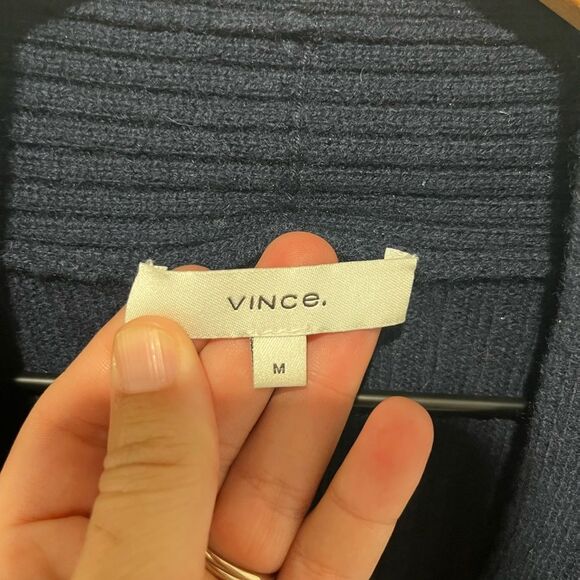VINCE Navy Ribbed V Neck Wool Cashmere Blend Cardigan Sweater M - Picture 3 of 6